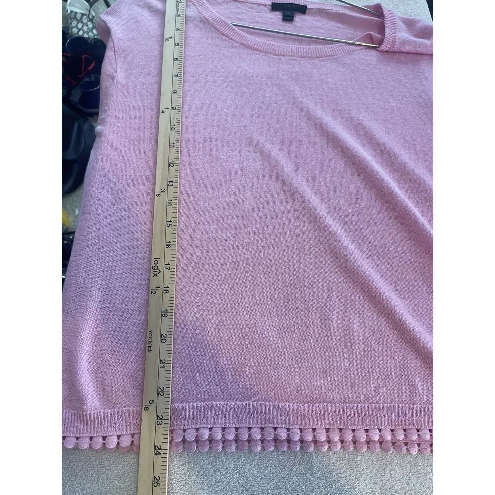 J.CREW Women’s Spring Sweater 100% Linen 3/4 Sleeves‎ Cute Pink Pom-Pom Trim S